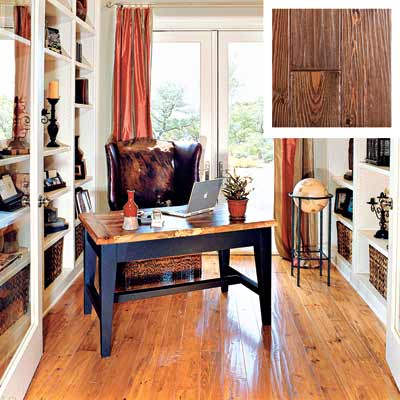 distressed heart pine floor in a home office