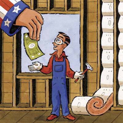giant Uncle Sam hand gives dollar bill to man in overalls standing next to insulation batts 