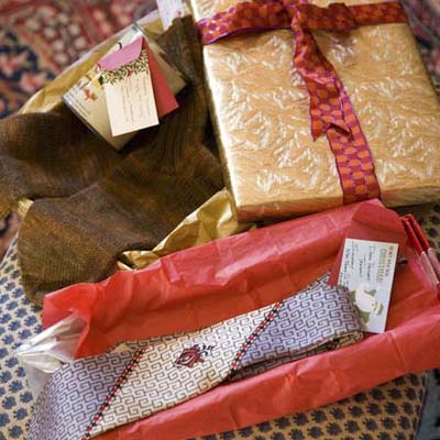 presents including a tie and hand-knit socks at the Truman Room in the Blair House in Washington, DC