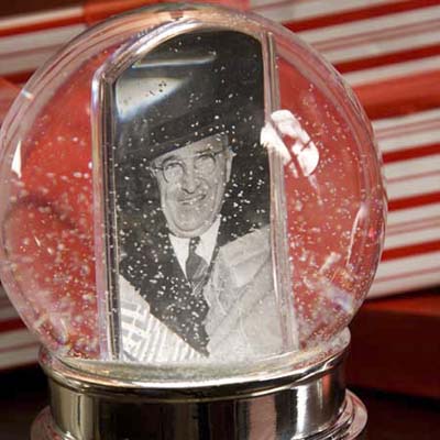 a falling snow paperweight with Truman's photo inside at the Truman Room in the Blair House in Washington, DC