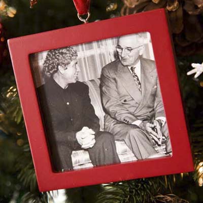 Christmas tree ornament with a photo of Truman and Harpo Marx at the Truman Room in the Blair House in Washington, DC