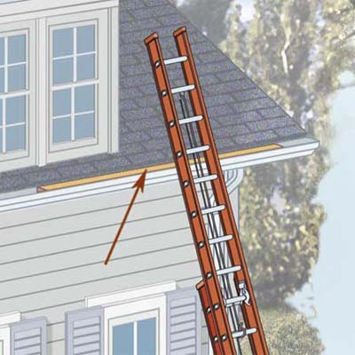 slip a 2x4 into a gutter to keep it from being crushed by the ladder