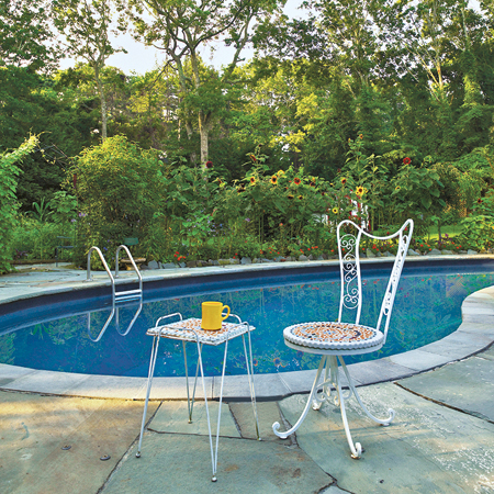 bistro furniture and kidney-shaped pool