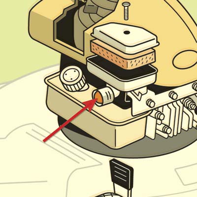 illustration of lawnmower, highlighting the primer bulb