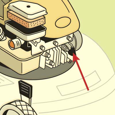 illustration of lawnmower, highlighting the spark plug and wire