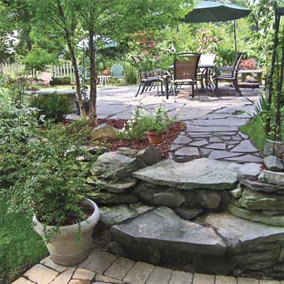 after photo of a back yard in Leonia, NJ with a bluestone walkway