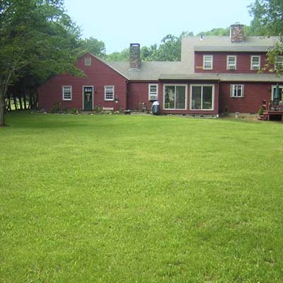 after photo of a back yard in Old Saybrook, CT with a wide expanse of lush, green lawn