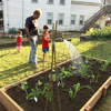 Roger Cook supervises as a young boy waters the soil in the raised garden bed