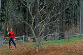 a man standing next to a tree that needs pruning