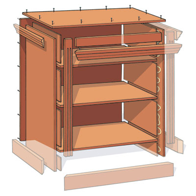 illustration detailing how to assemble the sides, shelves, back, and top when building a small bookcase