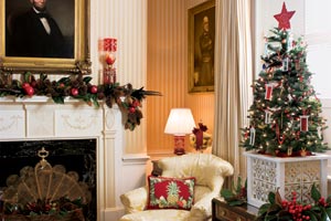 a x-mas tree in the Blair House in Washington, DC with a homemade x-mas tree box stand