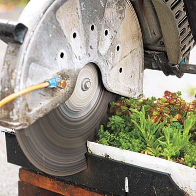 cutting planted trays with a gas-powered concrete saw