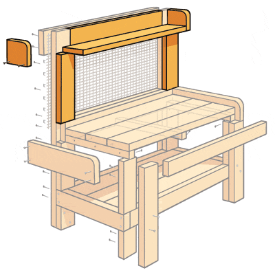 an illustration focusing on the top shelf and cleats and supports for a potting bench