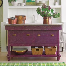 a kitchen island with faux crackle