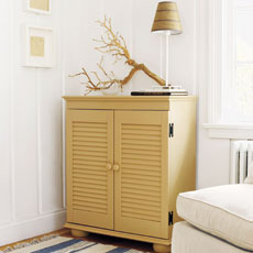 a custom-built cabinet from a bookshelf and shutters