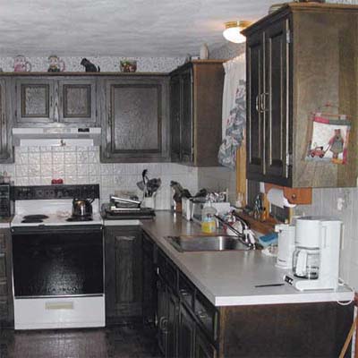 Photos Painted Kitchen Cabinets on Kitchen With Dark Wood Cabinets  Inset Of John Dee Sanding A Cabinet