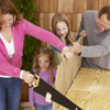 family building a fort, miter, handsaw