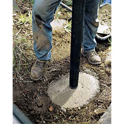 Setting the post into the concrete footing